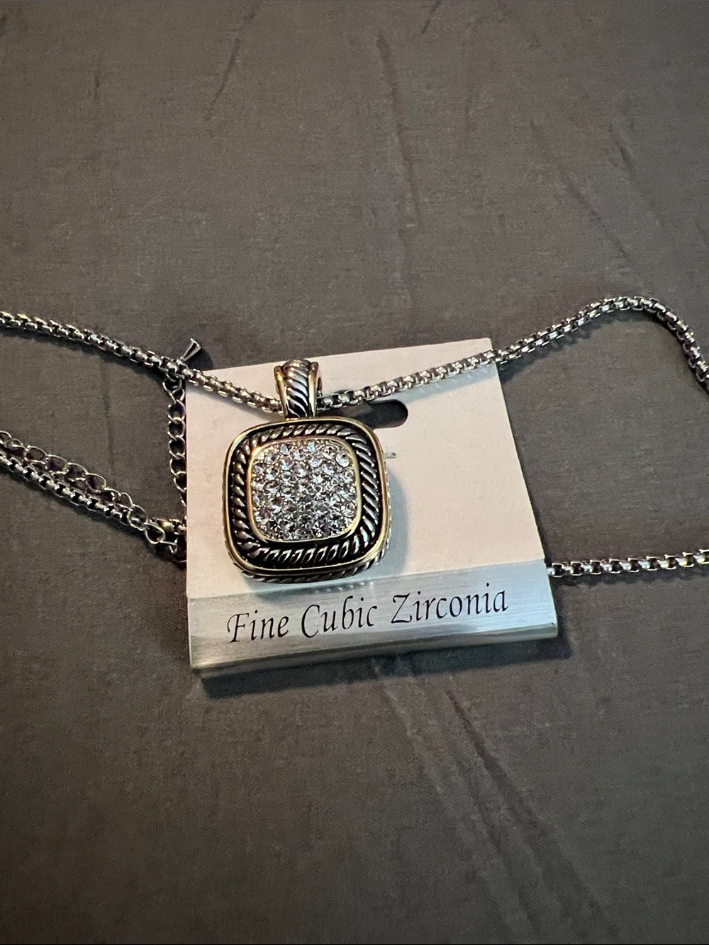 Silver/Gold Cubic Zirconia Square Pendant Necklace - Picture 7 of 7